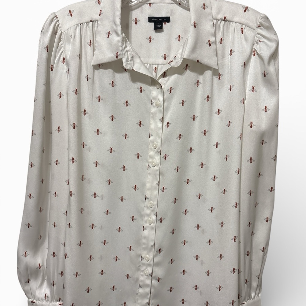 Ann Taylor Ivory Blouse with Deep Orange Bee Print Pattern